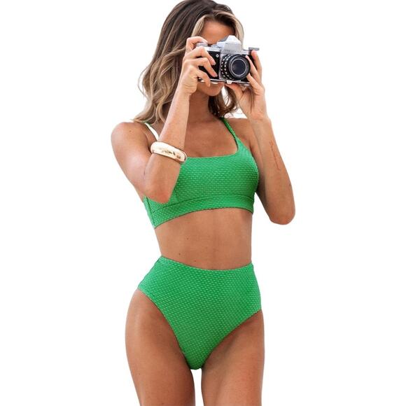 CUPSHE Women’s NWT Green High Waisted Bikini Set Two Piece Ribbed Swimwear SZ M - Picture 1 of 8